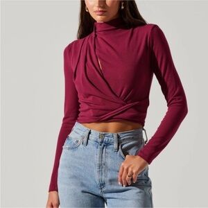 ASTR Asymmetrical Pleated Cutout Mock Neck Top Crop Berry Cabernet Sz M